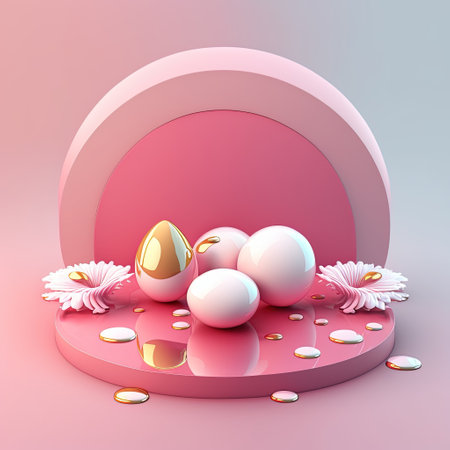 Glossy 3D Pink Stage with Eggs and Flowers for Easter Day Product Presentationの素材