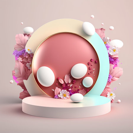 Glossy 3D Stage with Eggs and Flowers for Easter Day Product Showcaseの素材