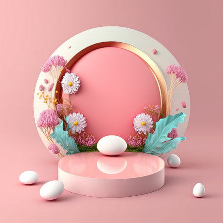Glossy 3D Podium with Eggs and Flowers for Easter Day Product Displayの素材