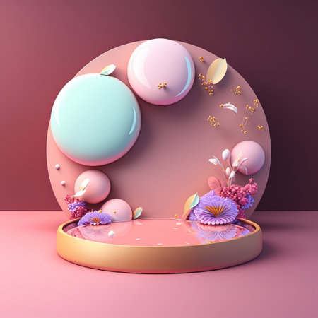 Shiny 3D Pink Stage with Eggs and Flowers for Easter Celebration Product Presentationの素材