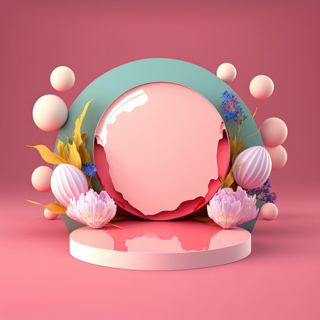 Glossy 3D Podium with Eggs and Flowers for Easter Celebration Product Showcaseの素材
