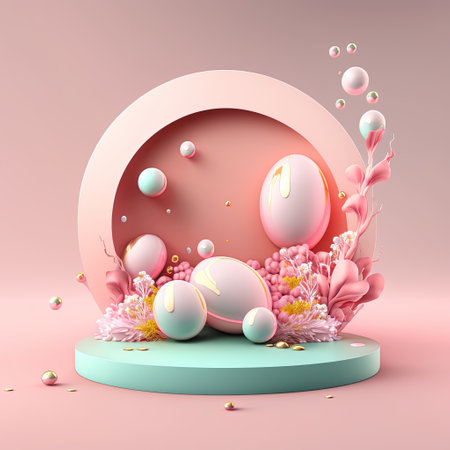 Glossy 3D Pink Stage with Eggs and Flowers for Easter Celebration Product Displayの素材