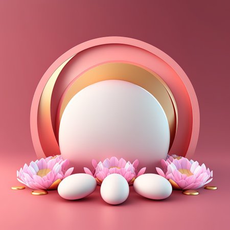 Glossy 3D Pink Podium with Eggs and Flowers for Easter Day Product Showcaseの素材