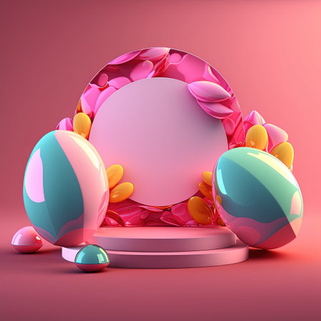Glossy 3D Pink Stage with Eggs and Flowers for Easter Celebration Product Showcaseの素材