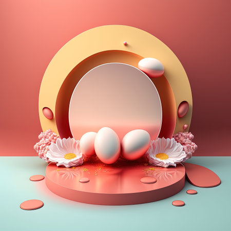 Shiny 3D Stage with Eggs and Flowers Ornament for Easter Day Product Displayの素材