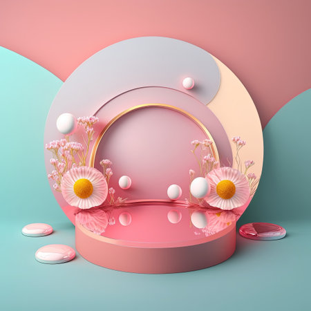 Shiny 3D Podium with Eggs and Flowers for Easter Day Product Presentationの素材