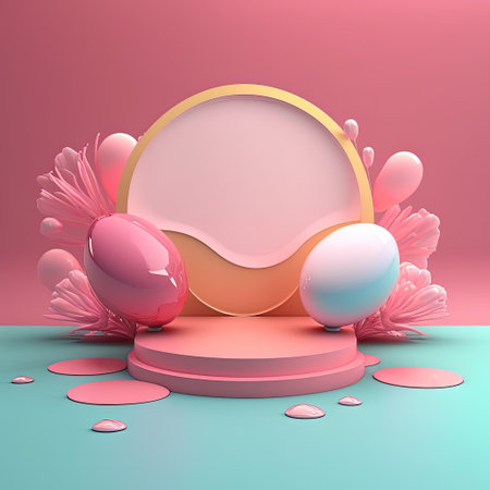 Shiny 3D Pink Podium with Eggs and Flowers for Easter Product Showcaseの素材