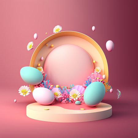 Shiny 3D Podium with Eggs and Flowers for Easter Product Showcaseの素材