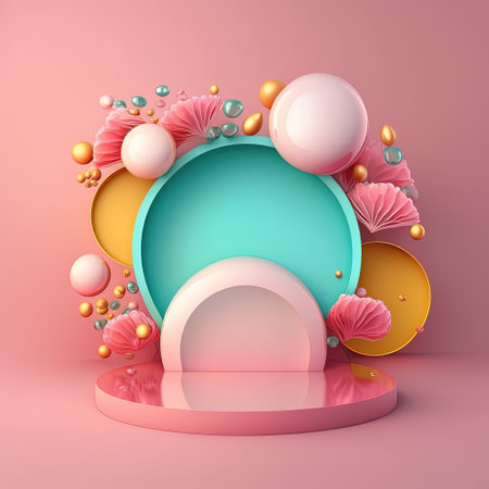 Glossy 3D Podium with Eggs and Flowers Decoration for Easter Day Product Showcaseの素材