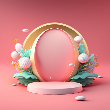 Shiny 3D Stage with Eggs and Flowers for Easter Product Displayの素材