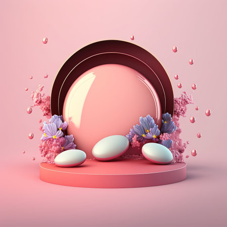 Glossy 3D Pink Stage with Eggs and Flowers for Easter Day Product Showcaseの素材