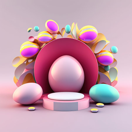 Glossy 3D Podium with Eggs and Flowers Ornament for Easter Day Product Showcaseの素材