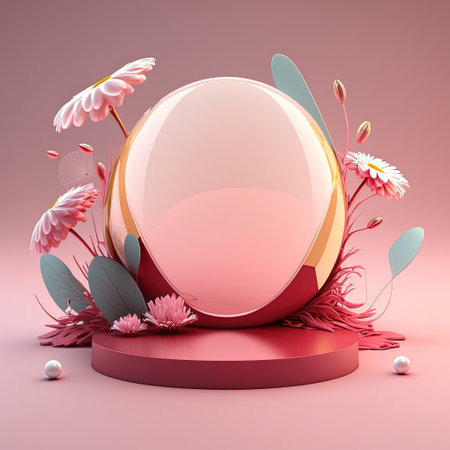 Glossy 3D Stage with Eggs and Flowers for Easter Product Showcaseの素材