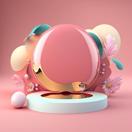 Shiny 3D Pink Stage with Eggs and Flowers for Easter Product Presentationの素材
