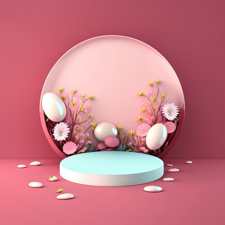 Shiny 3D Pink Stage with Eggs and Flowers for Easter Celebration Product Showcaseの素材