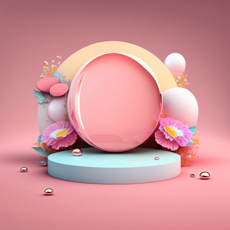 Shiny 3D Pink Podium with Eggs and Flowers for Easter Celebration Product Presentationの素材