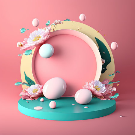 Glossy 3D Pink Podium with Eggs and Flowers Decoration for Easter Celebration Product Presentationの素材