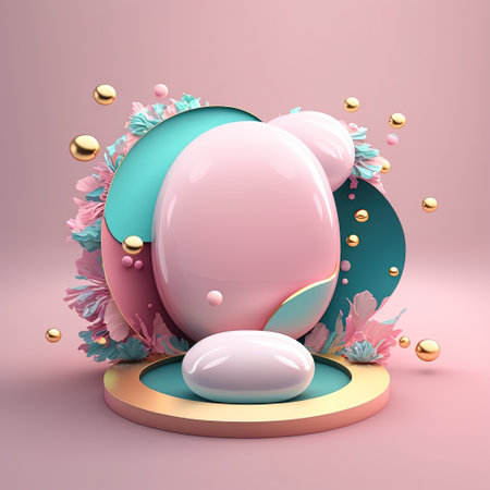 Shiny 3D Podium with Eggs and Flowers Decoration for Easter Celebration Product Displayの素材