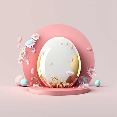 Glossy 3D Stage with Eggs and Flowers for Easter Product Displayの素材