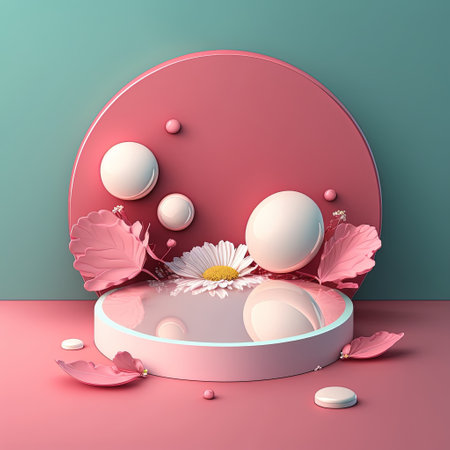 Glossy 3D Pink Stage with Eggs and Flowers Decoration for Easter Celebration Product Displayの素材