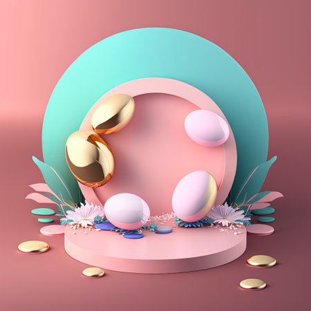 Glossy 3D Stage with Eggs and Flowers for Easter Celebration Product Showcaseの素材