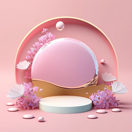Shiny 3D Stage with Eggs and Flowers for Easter Product Displayの素材