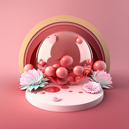 Glossy 3D Pink Podium with Eggs and Flowers Decoration for Easter Day Product Showcaseの素材