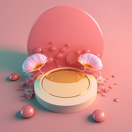Shiny 3D Pink Podium with Eggs and Flowers Decoration for Easter Celebration Product Showcaseの素材