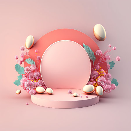 Glossy 3D Stage with Eggs and Flowers for Easter Product Presentationの素材