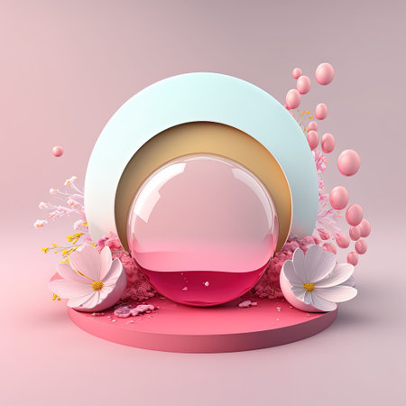 Glossy 3D Pink Podium with Eggs and Flowers Decoration for Easter Celebration Product Showcaseの素材
