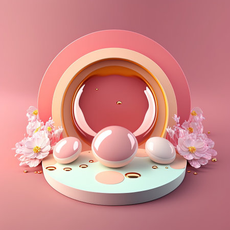Shiny 3D Pink Podium with Eggs and Flowers Decoration for Easter Celebration Product Presentationの素材