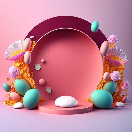 Shiny 3D Podium with Eggs and Flowers Decoration for Easter Day Product Presentationの素材