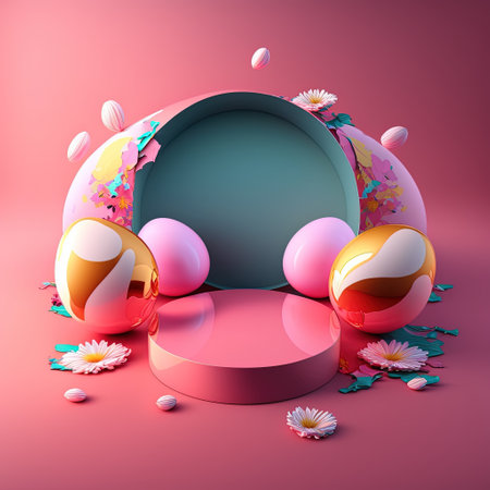Shiny 3D Pink Stage with Eggs and Flowers Decoration for Easter Day Product Displayの素材