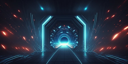 Artificial Intelligence System Tech Background with Tunnel Neon Lightの素材