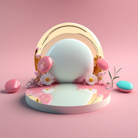 Glossy 3D Podium with Eggs and Flowers for Easter Celebration Product Presentationの素材