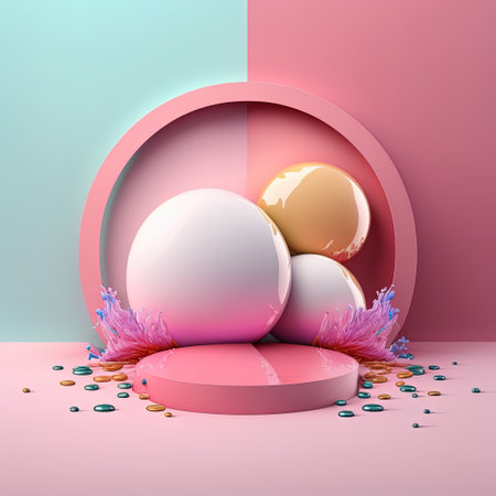 Glossy 3D Podium with Eggs and Flowers for Easter Product Showcaseの素材