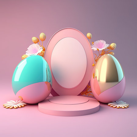 3D Shiny Pink Podium with Easter Eggs Decoration for Product Presentationの素材