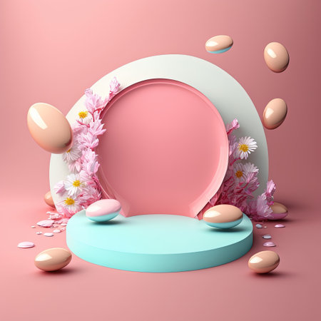 Shiny 3D Pink Podium with Eggs and Flowers Decoration for Easter Day Product Presentationの素材