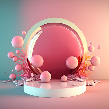 Glossy 3D Stage with Eggs and Flowers Decoration for Easter Celebration Product Presentationの素材