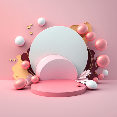 Glossy 3D Pink Stage with Eggs and Flowers for Easter Product Presentationの素材
