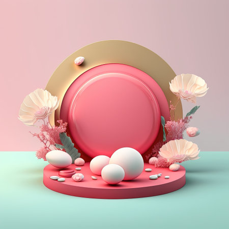 Shiny 3D Pink Podium with Eggs and Flowers Decoration for Easter Day Product Showcaseの素材