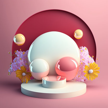 Shiny 3D Pink Podium with Eggs and Flowers Ornament for Easter Celebration Product Presentationの素材