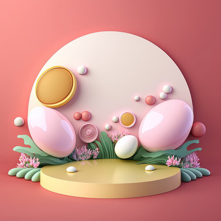 Glossy 3D Pink Stage with Eggs and Flowers Decoration for Easter Celebration Product Showcaseの素材