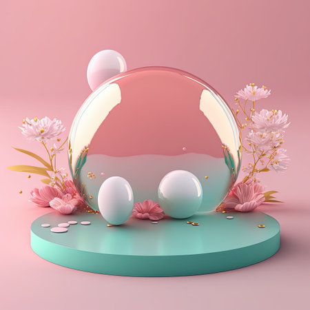 Glossy 3D Pink Stage with Eggs and Flowers Decoration for Easter Celebration Product Presentationの素材