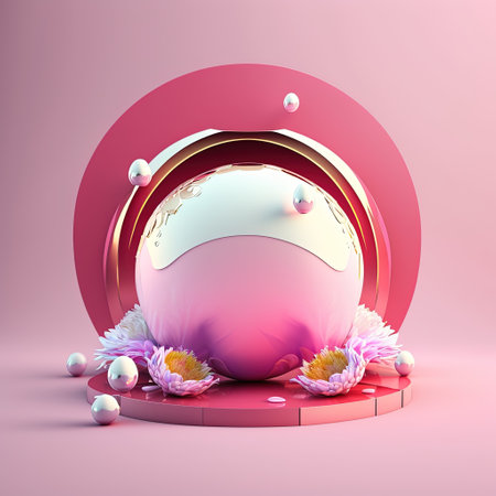 Glossy 3D Pink Stage with Eggs and Flowers for Easter Product Showcaseの素材