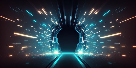 Artificial Intelligence System Connection Background with Futuristic Tunnel Neon Lightの素材
