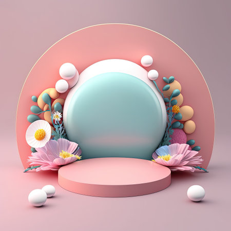 Glossy 3D Podium with Eggs and Flowers Decoration for Easter Celebration Product Displayの素材