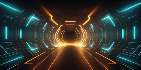Artificial Intelligence Connection Tech Background with Futuristic Tunnel Neon Glowの素材
