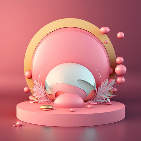 Shiny 3D Pink Podium with Eggs and Flowers Decoration for Easter Celebration Product Displayの素材