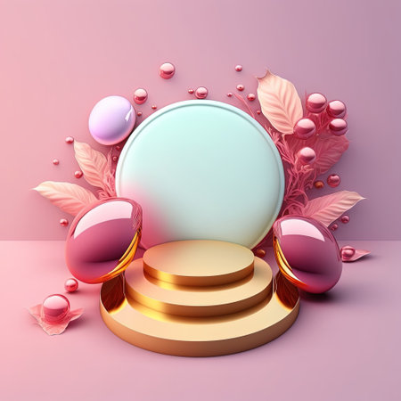 Shiny 3D Pink Stage with Eggs and Flowers Decoration for Easter Celebration Product Presentationの素材